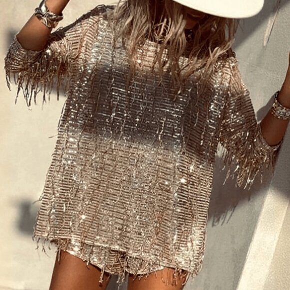 Khaki Party Women's Long Sleeve O Neck Sequins Tassel Tops & Shorts Sets